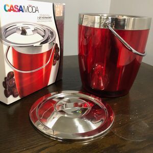 New In Box Casamoda MCM Vintage Retro Red/Metal Ice Bucket & Lid with Handle